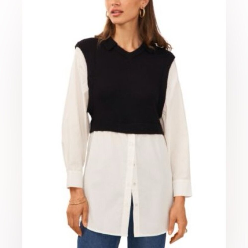 1.State Nordstrom white crisp blouse with black vest xxl